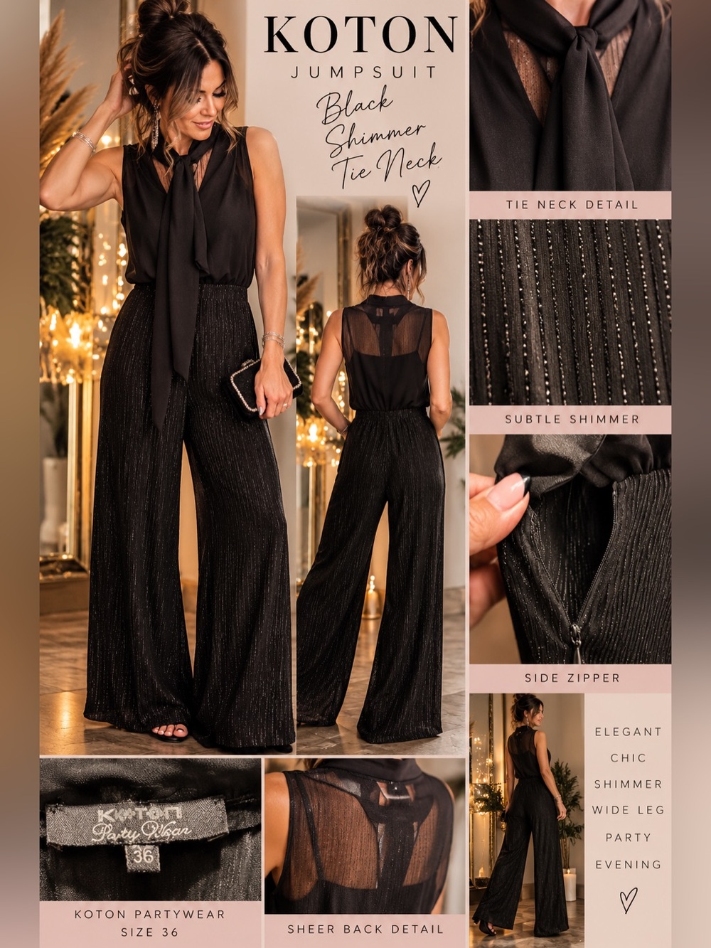 Koton Black Shimmer Wide Leg Party Jumpsuit Sheer Tie Neck Size 36